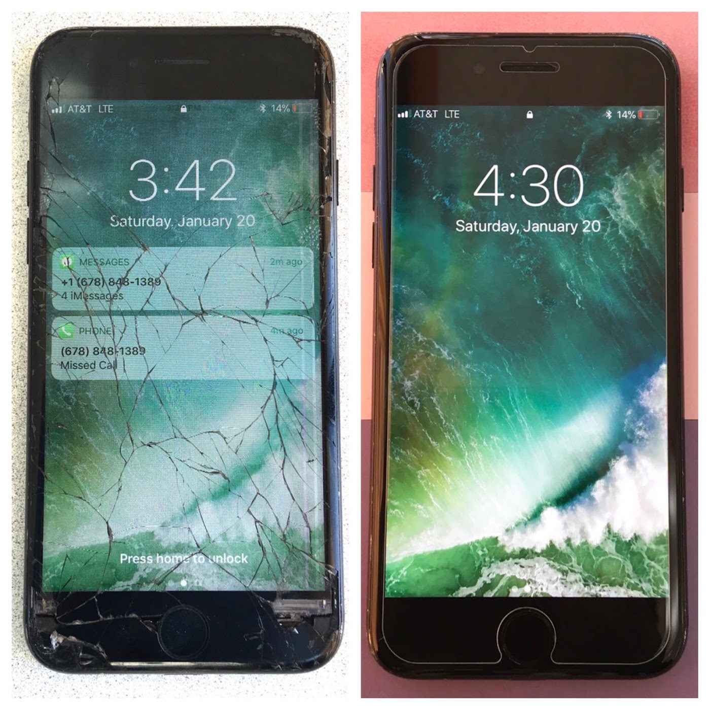 Cracked iPhone screen, before and after